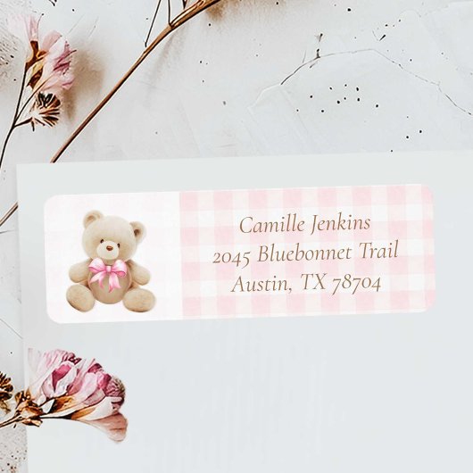 Pink Teddy Bear Girl Baby shower Adreslabel Etiket