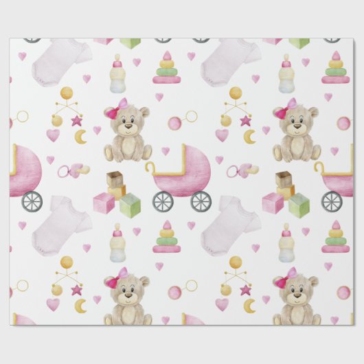 Pink Teddy Bear Girl Baby shower Cadeaupapier (Vlak)