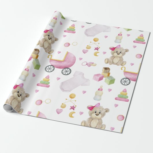 Pink Teddy Bear Girl Baby shower Cadeaupapier (Uitgerold)