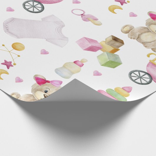 Pink Teddy Bear Girl Baby shower Cadeaupapier (Hoek)