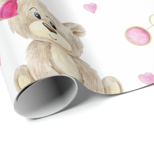 Pink Teddy Bear Girl Baby shower Cadeaupapier (Rol Hoek)