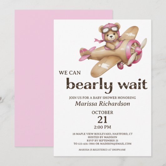 Pink Teddy Bear Girl Baby shower Uitnodiging (Voorkant / Achterkant)