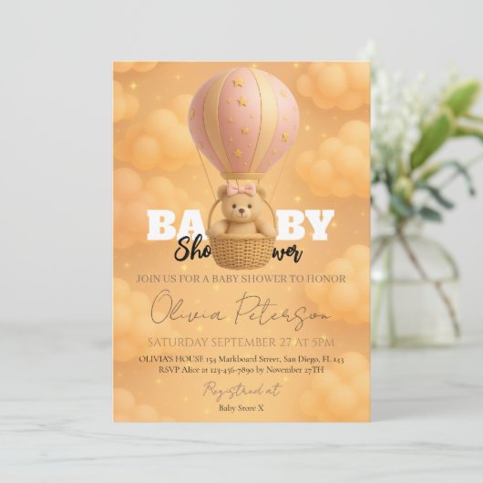 Pink Teddy Bear Hot Air Balloon Girly Baby Shower Kaart (Staand voorkant)