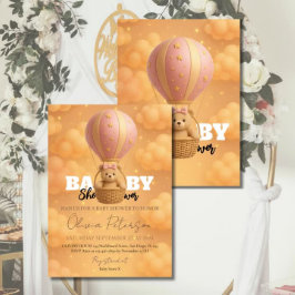Pink Teddy Bear Hot Air Balloon Girly Baby Shower Kaart
