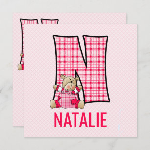 Pink Teddy Bear Letter N Kids Birthday Party Kaart