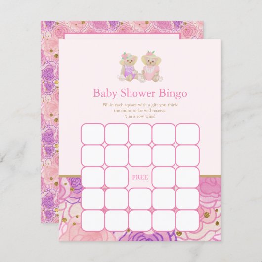 Pink Teddy Bear Tea Party Baby shower Bingo Game (Voorkant / Achterkant)