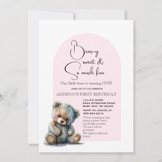 Pink Teddy Bear Theme Waterverf Eerste verjaardag Kaart (Voorkant)