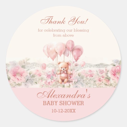 Pink Teddy Girl Christian Baby Shower Thank You Ronde Sticker (Voorkant)