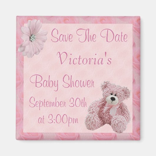 Pink Teddy Save the Date Girl Baby shower Magneet (Voorkant)