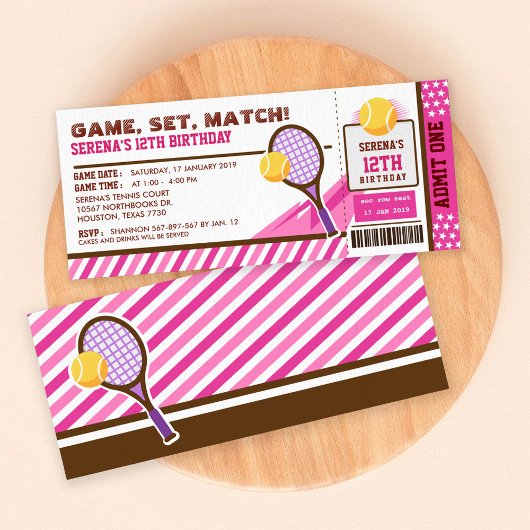 Pink Tennis Ticket Pass Birthday Party Kaart