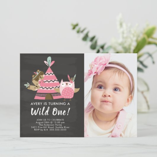Pink Tepee Wild One Birthday Invitation Kaart (Staand voorkant)