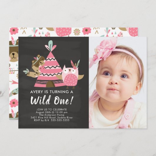 Pink Tepee Wild One Birthday Invitation Kaart (Voorkant / Achterkant)