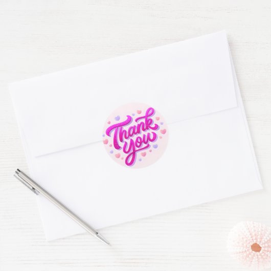 Pink Thank You Glitter Sticker met Harten (Envelop)