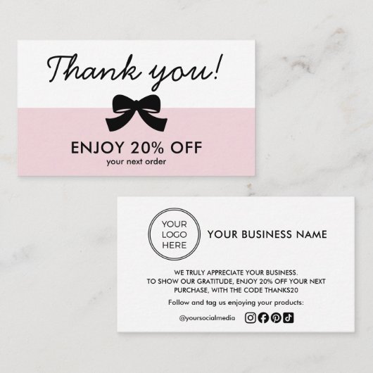 Pink Thank You Logo Business Discount Card Visitekaartje (Voorkant / Achterkant)