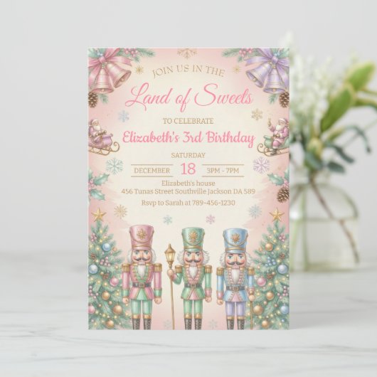 Pink The Nutcracker Birthday Invitation Kaart (Staand voorkant)