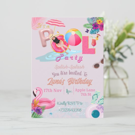 PInk Thema Pool Party Uitnodiging (Staand voorkant)
