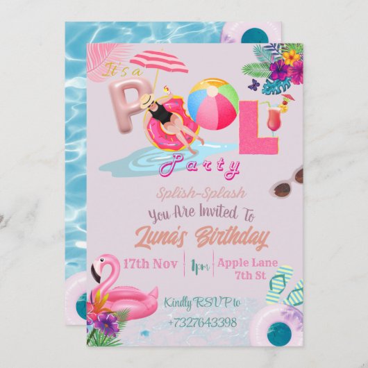 PInk Thema Pool Party Uitnodiging (Voorkant / Achterkant)