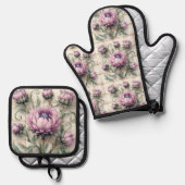 Pink Thistle Flowers Ceramic Tile Ovenwant & Pannenlap Set (Voorkant / Achterkant)
