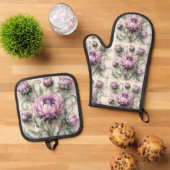 Pink Thistle Flowers Ceramic Tile Ovenwant & Pannenlap Set (Top down)
