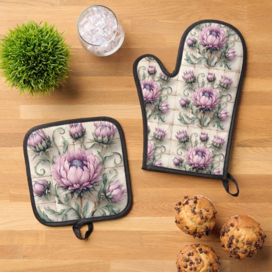 Pink Thistle Flowers Ceramic Tile Ovenwant & Pannenlap Set (Top down)