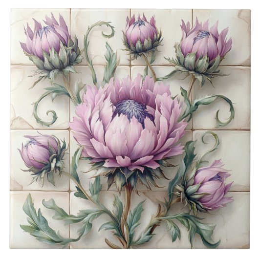 Pink Thistle Flowers Ceramic Tile Tegeltje (Voorkant)