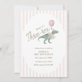 Pink Three Rex Dinosaur Third Birthday Invitation Kaart (Voorkant)