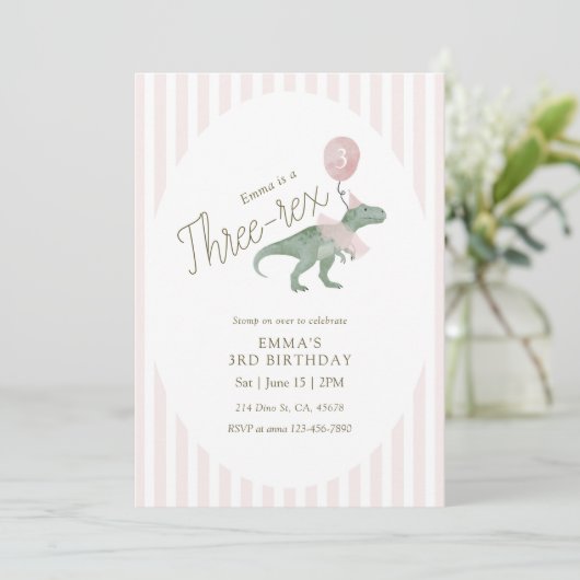 Pink Three Rex Dinosaur Third Birthday Invitation Kaart (Staand voorkant)