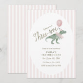 Pink Three Rex Dinosaur Third Birthday Invitation Kaart (Voorkant / Achterkant)