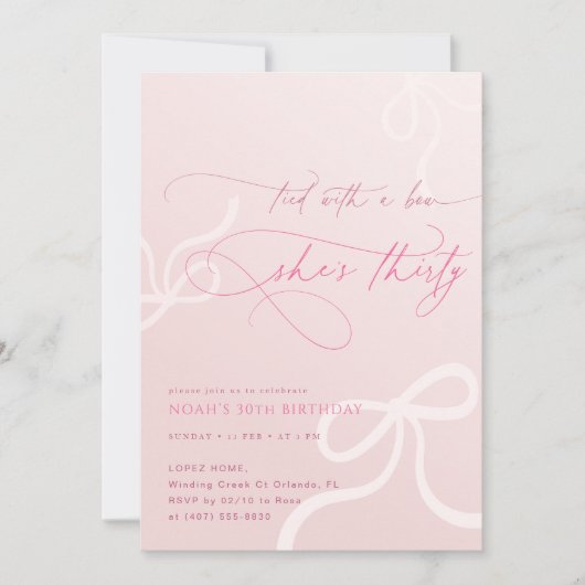 Pink Tied With A Bow Girls 30th Birthday Party Kaart (Voorkant)