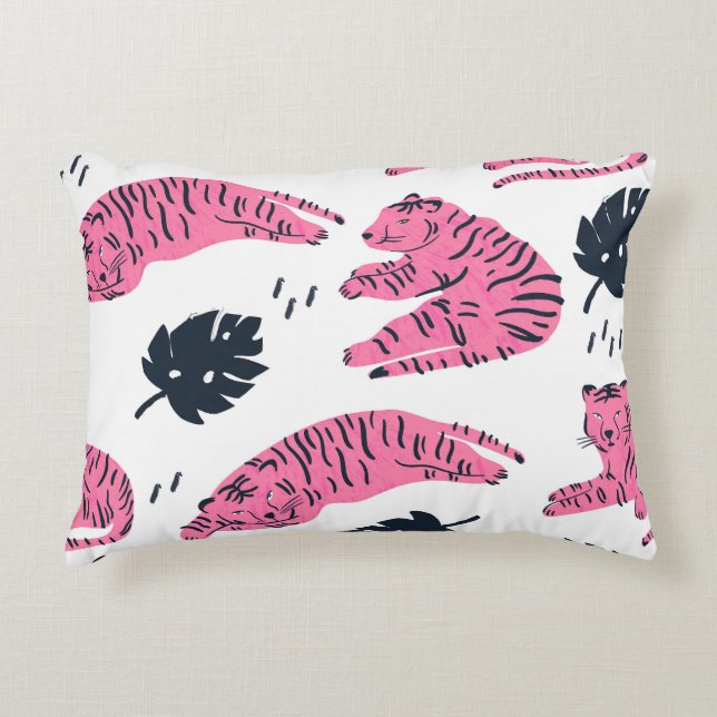 Pink Tiger Tropical:  handgetekend. Accent Kussen (Voorkant)