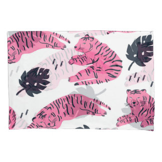 Pink Tiger Tropical: handgetekend. Kussensloop