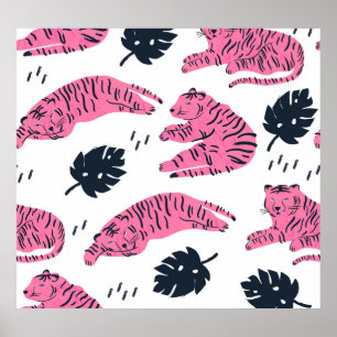 Pink Tiger Tropical: handgetekend. Poster