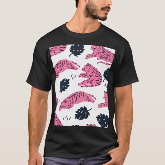 Pink Tiger Tropical: handgetekend. T-shirt (Voorkant)