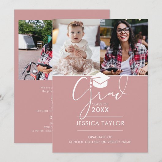 Pink toen en nu 3 foto Afstuderen aankondiging (Voorkant / Achterkant)