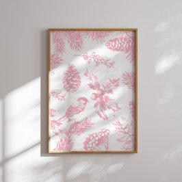 Pink Toile Christmas Bird and Pine Poster