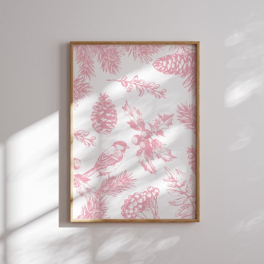 Pink Toile Christmas Bird and Pine Poster