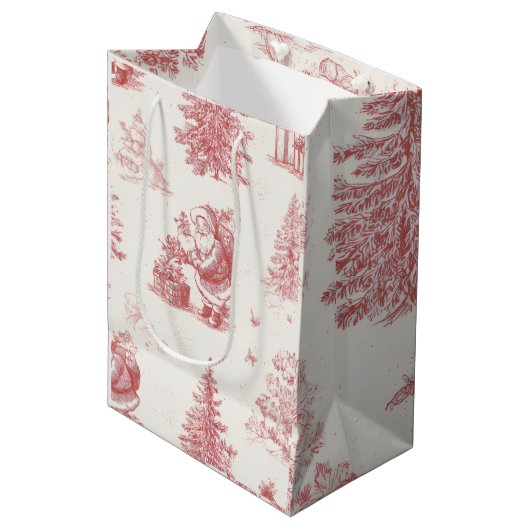 Pink Toile Christmas Pattern Gift Bag Medium Cadeauzakje (Voorkant Gekanteld)