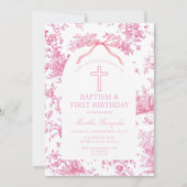 Pink Toile de Jouy Baptism & First Birthday Bow  Kaart (Voorkant)