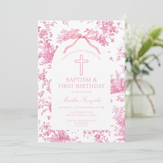 Pink Toile de Jouy Baptism & First Birthday Bow  Kaart (Staand voorkant)
