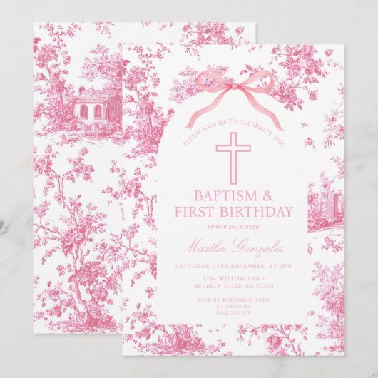 Pink Toile de Jouy Baptism & First Birthday Bow Kaart (Voorkant / Achterkant)