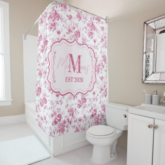 Pink Toile Floral Monogram Douchegordijn (In situ)