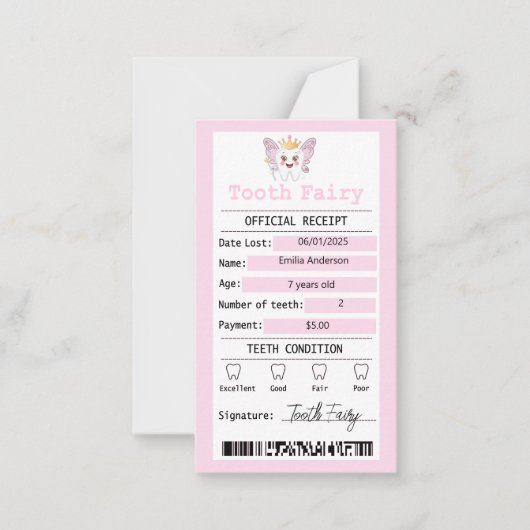 Pink Tooth Fairy Receipt Flat Note Kaart Notitiekaartje (Voorkant)