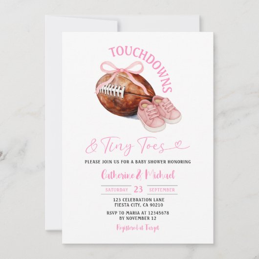 Pink Touchdown & Tiny Toes Football Baby shower Kaart (Voorkant)