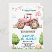 Pink tractor birthday party invitation kaart (Voorkant / Achterkant)