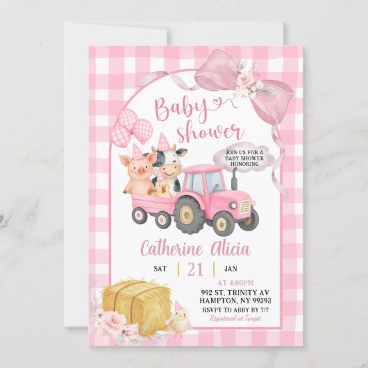Pink Tractor Gingham Coquette Farm Baby Shower Kaart (Voorkant)
