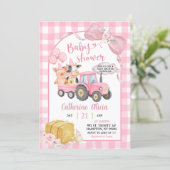 Pink Tractor Gingham Coquette Farm Baby Shower Kaart (Staand voorkant)