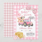 Pink Tractor Gingham Coquette Farm Baby Shower Kaart (Voorkant / Achterkant)