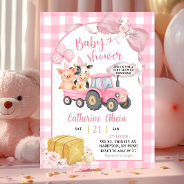 Pink Tractor Gingham Coquette Farm Baby Shower Kaart
