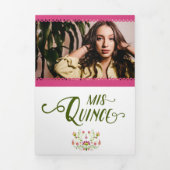 Pink Traditionele Mexicaanse Floral Foto Quinceane Drieluik Uitnodiging (Cover)