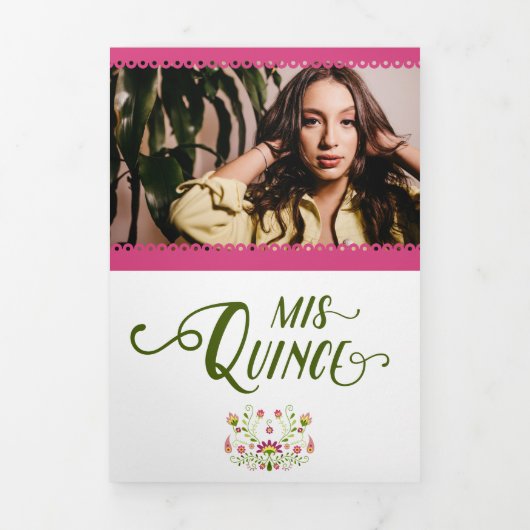 Pink Traditionele Mexicaanse Floral Foto Quinceane Drieluik Uitnodiging (Cover)